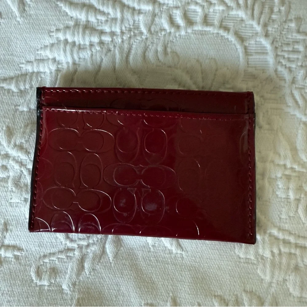 Coach Red Logo Embossed Leather Card Holder Wallet